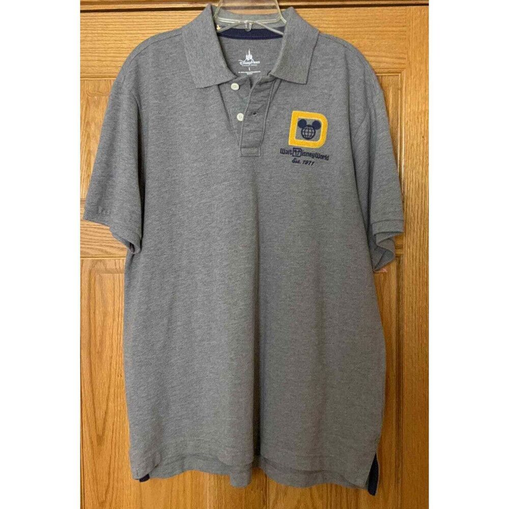 Walt Disney World Parks Men's‎ L Letterman Polo Shirt Chenille Sewn Gray Yellow